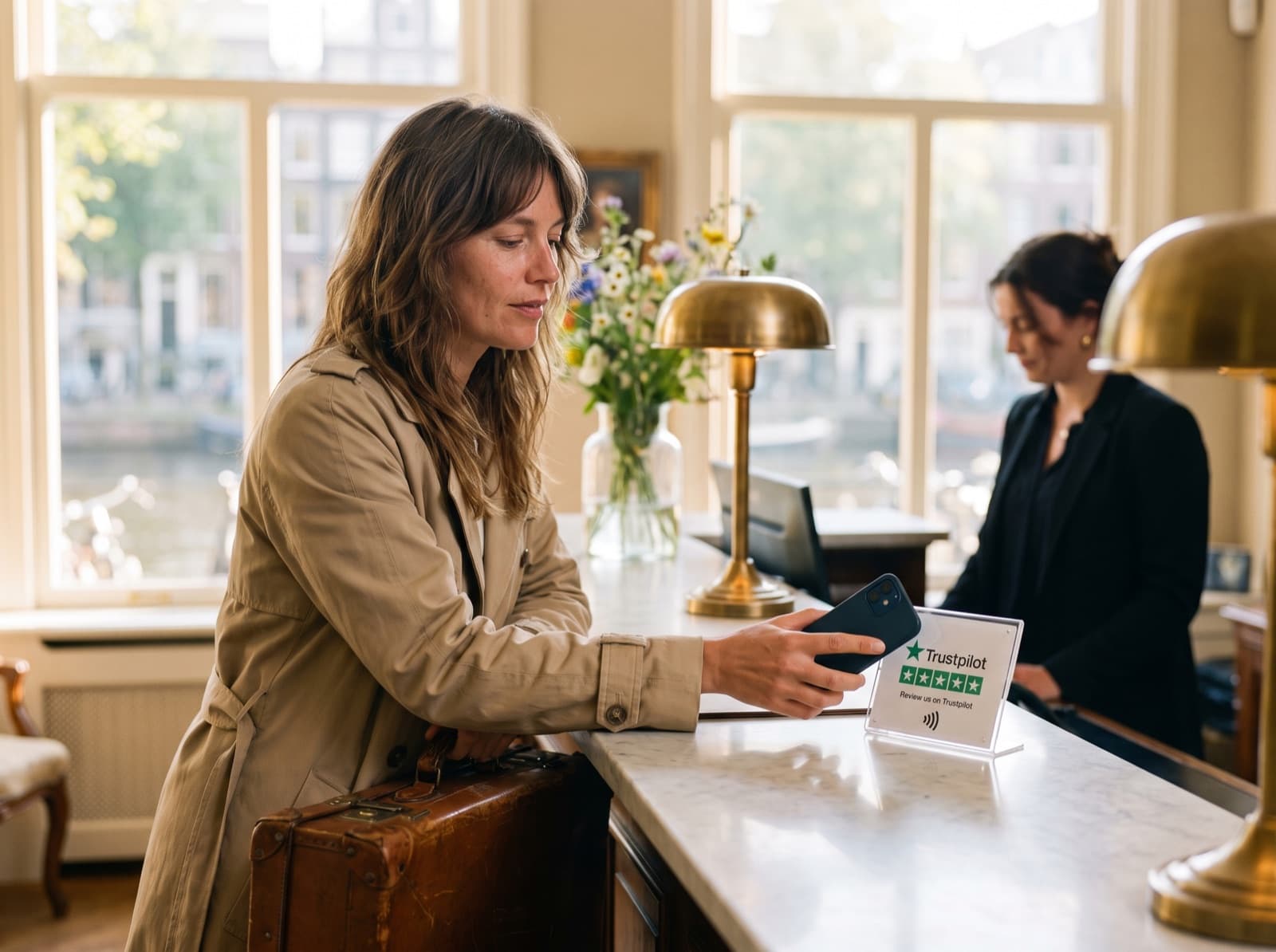 Un huésped de hotel toca una tarjeta Trustpilot en la recepción al hacer el check-out