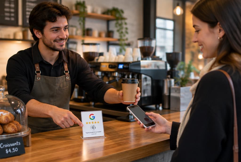 Un camarero entrega un café y señala la tarjeta de reseñas de Google, el cliente sostiene su teléfono
