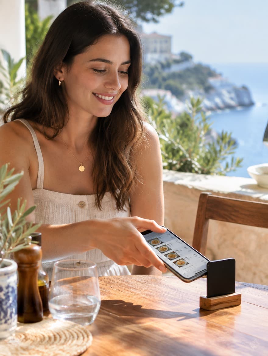Una clienta sonriente en una terraza acerca su teléfono a la tarjeta TapPoint para ver el menú digital