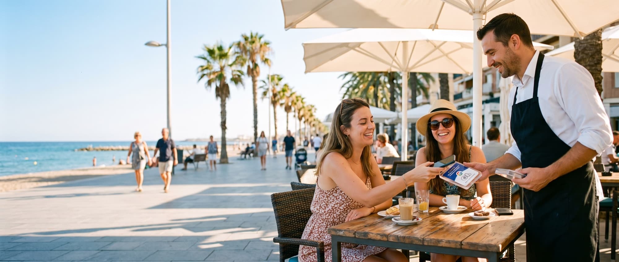 Un camarero muestra la tarjeta TapPoint a un cliente sonriente en una terraza frente al mar en España